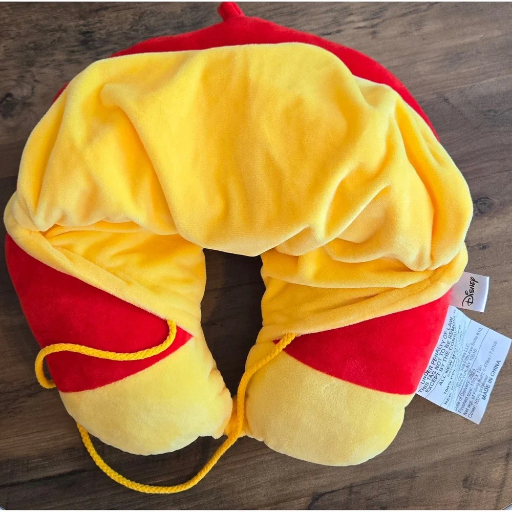 Disney Winnie the Pooh Hooded Neck Travel Pillow Yellow Red Character Plush